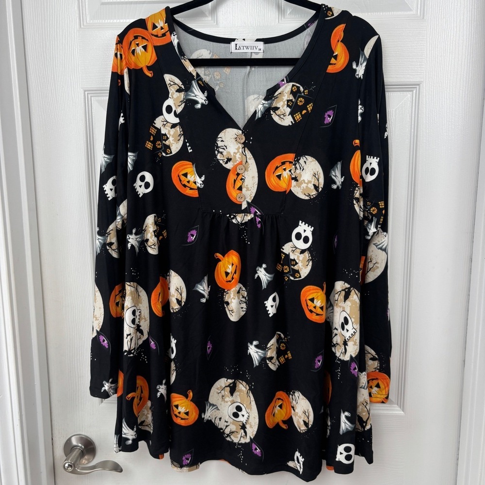 LATWIIV Halloween Tunic Top Womens 3X Black Pumpkin Ghost Skull Henley Sleeve